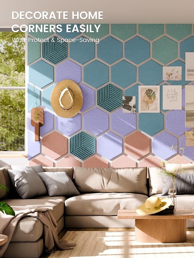 Fluxynara 10-Pack Hexagon Felt Bulletin Board Tiles, Coastal Haze | Cork Board Alternative for Wall Decor and Vision Boards, with 50 Adhesive Tabs for Home, Office, Classroom or Dorm.