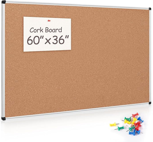 Board2by Large Cork Bulletin Board 60" X 36", Silver Aluminum Framed Corkboard for Wall, Wall Mounted Notice Pin Board with Push Pins for School, Home & Office - 5' x3' Corkboard