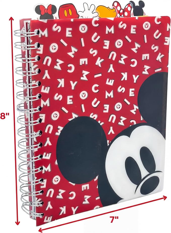 Disney Mickey & Minnie Mouse Tab Journal Spiral Notebook with Cute Dividers | Mickey and Minnie Mouse School Supplies & Office Stationery, 144 Lined Pages, Vinyl Cover, 8 x 7 Disney Planner & Notebook
