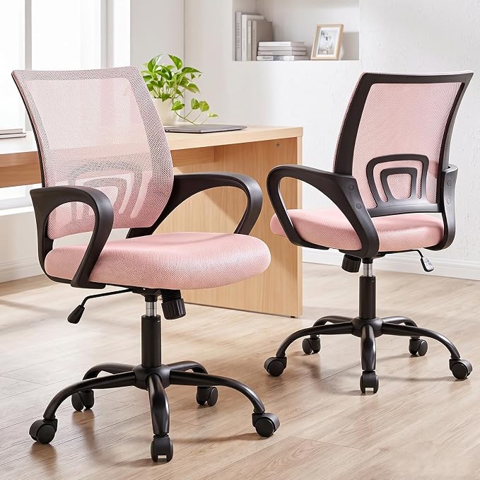 DUMOS Ergonomic Office Chair, Mid-Back Executive Desk Chair 2 Pack | Comfortable Lumbar Support, Breathable Backrest, Fixed Armrest, Height Adjustable, 360° Swivel, Computer Gaming, Pink