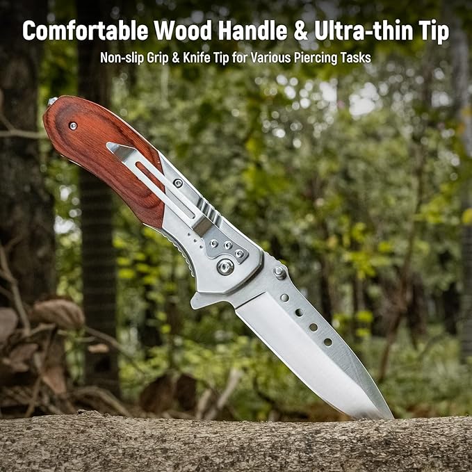 Pocket Knife for Men - Sharp Blade Wood Handle Pocket Folding Knives with Clip, Glass Breaker - EDC Knives for Survival Camping Hunting Fishing Hiking Women, Large, Silver