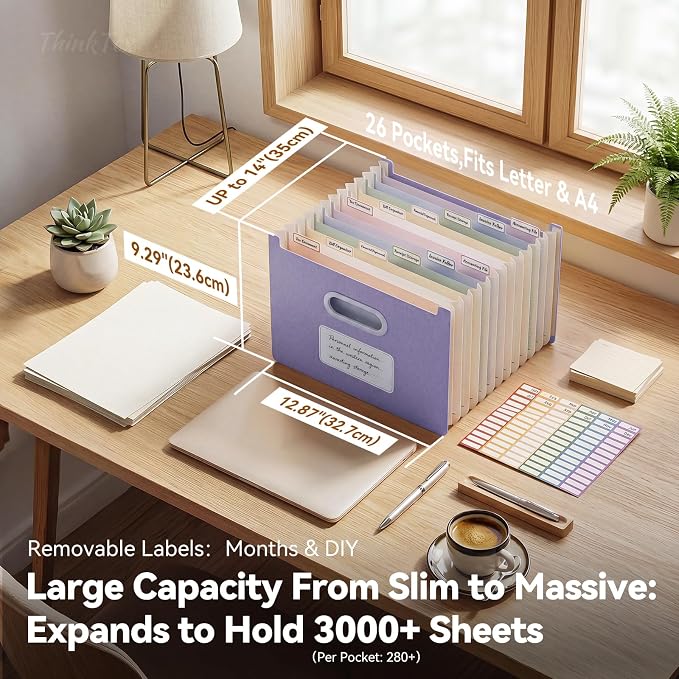 ThinkTex 12-Pocket Accordion File Organizer, Upright Open Top, Letter/A4 | Large Capacity Wheat Straw File Folders, File Organizer for Taxes, Bills, Medical Records, School, Office-Lavender Purple