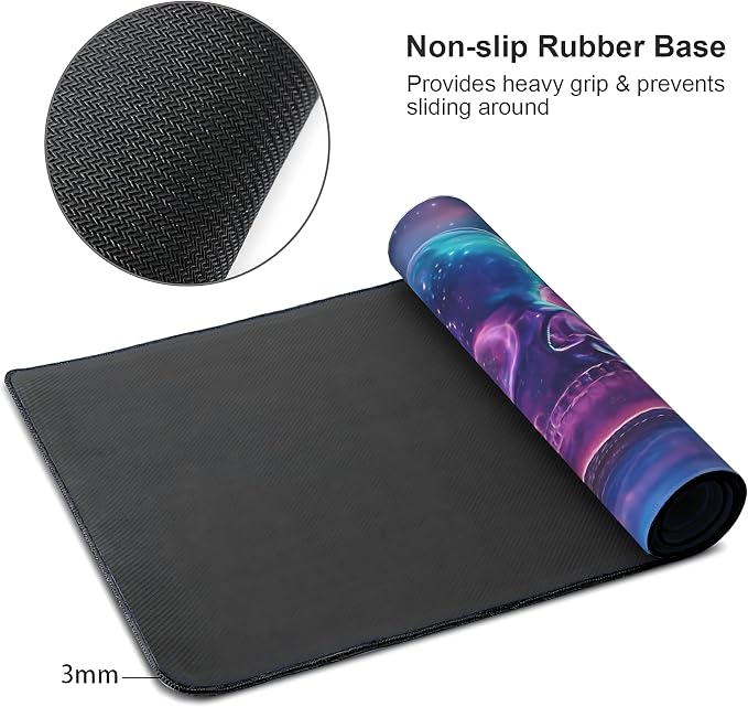 Aesthetic Skull Gaming Mouse Pad, Deep Blue Cyber Desk Mat with Anti-Slip Base & Stitched Edges,35.4" x 15.7" in Table Mat for Computer Desktop, Beautiful Workstation Decor