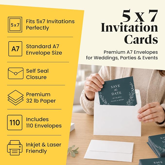 5x7 Envelopes for Invitations - 110 White Envelopes for 5x7 Cards - A7 - (5 ¼ x 7 ¼ inches) - Perfect for Weddings, Graduation, Baby Shower - 120 GSM - Peel, Press & Self Seal - Square Flap