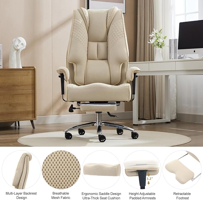 Big and Tall Office Chair 400lbs Wide Seat, Leather High Back Executive Office Chair with Lumbar Support, Ergonomic Chairs Padded Armrests & Thick Cushion (Mesh Beige)