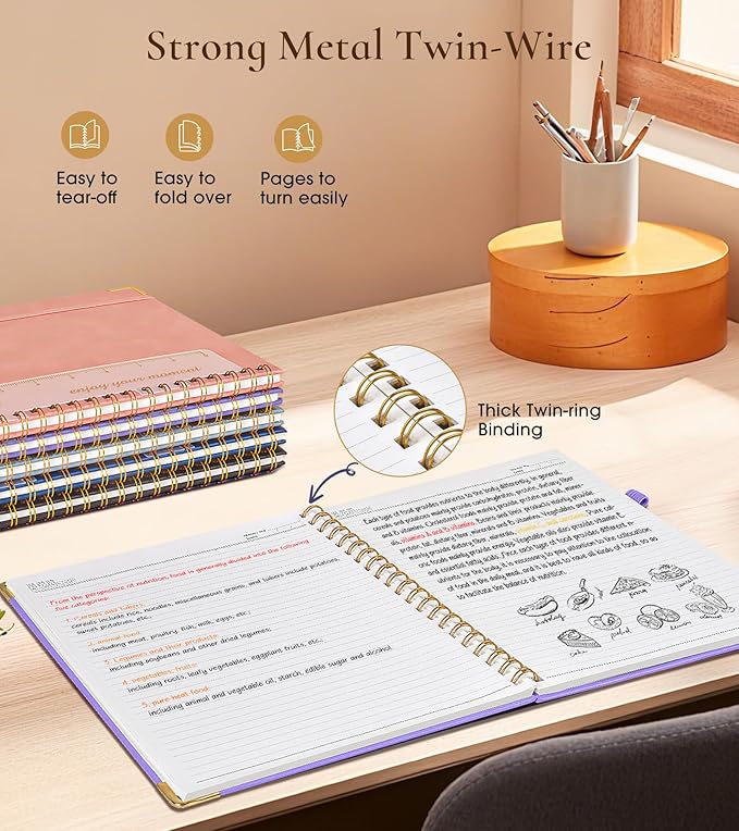 Hardcover Spiral Notebook Journal 8.5” x 11”, A4 Large Leather Notebooks for Women Men, Lined College Ruled Notebook, 100 GSM Paper, Spiral Bound Journals for Work School Note Taking Business, Purple