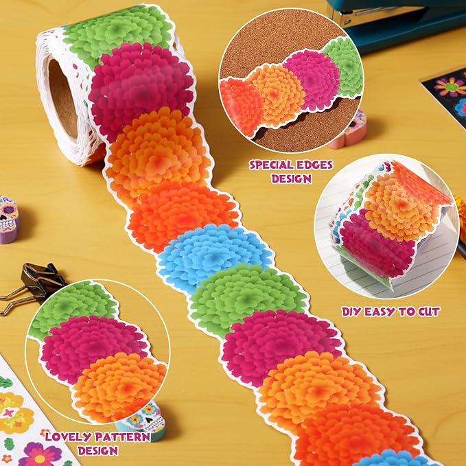 32.8 Ft Marigold Bulletin Board Borders, Multicolor Scalloped | Bright Patterns in Classrooms, Fiestas, Spanish Displays, Day of the Dead Themes, Scalloped Edges Ideal on Boards Decor