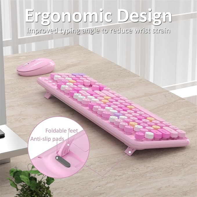 Links9+ Colorful Wireless Keyboard and Mouse Combo (Pink Colorful) | Full-Size Retro Typewriter Style Keyboard with Vintage Round Keycaps, 2.4G Wireless Set for Windows, Mac, Laptop, PC, Tablet