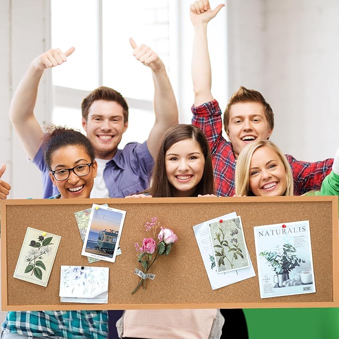 12'' x 36'' Cork Bulletin Board Framed Large Wall Mounted Corkboard with Installation Kit, Push Pins for Home and Office Decor, School Message or Vision Background(Brown)