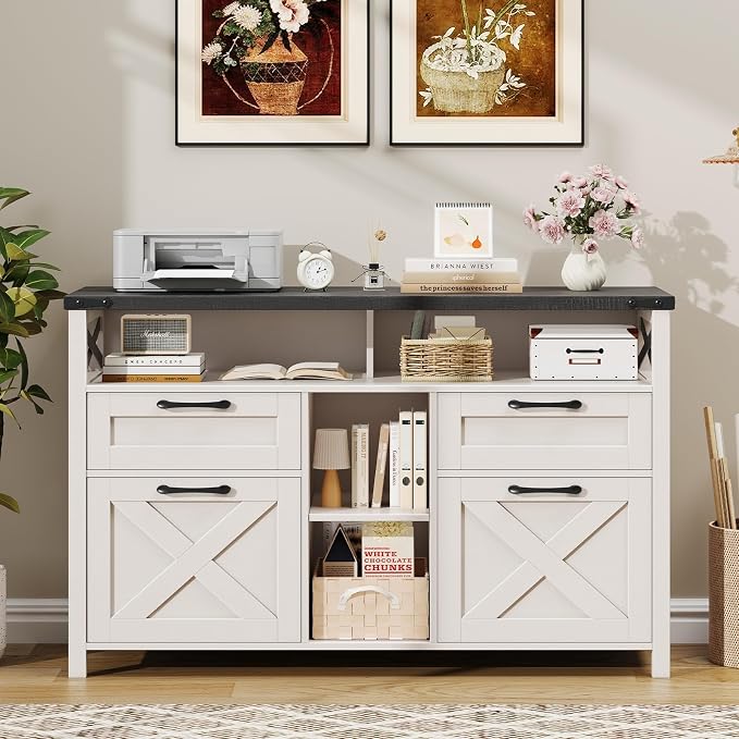 Halitaa File Cabinet with Open Storage Shelf for Home Office, Black | Farmhouse, Lateral Filing Organization Storage Cabinets, 4 Drawers, Adjustable Shelf, Hanging Files Letter/A4