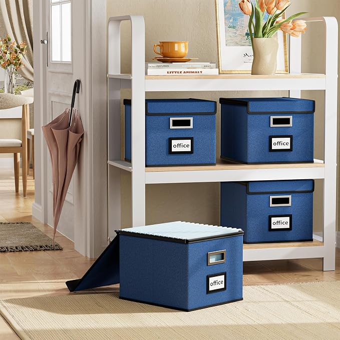 File Organizer Box with Lids, Collapsible File Folder Organizer | File Box with Plastic Slides for Document, Filing Bin for Letter Size Hanging File Folders (1 Pack, Royal Blue)