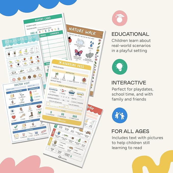 Pretend Play Notepads - 6-Pack Kids Play Pads | 40 Pages Each of Restaurant, Doctor, Boarding Pass, Report Card, Nature Walk & Soda Shop for Imaginative Role Play