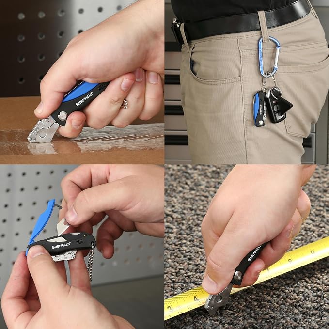 Sheffield 12125 Mini Box Cutter & 5 Blade Storage Compartment and Key Chain | Sheffield Utility Knife, Mini Utility Knife with Aluminum Handle for Home, Office, Trades, and Warehouse