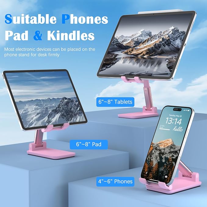 Cell Phone Stand, Adjustable Angle and Height Cell Phone Holder for Desk, Foldable and Portable, Anti-Slip Silicone Pad, Compatible with All Mobile Phones and 4-8 Inch Devices (Pink&Green)