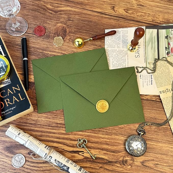 YINUOYOUJIA 50 PCS Olive Green Specialty Paper Envelopes A7, 5 x 7 Envelopes for Invitation, Great for Wedding Invitation Cards, Photos,Perfect for Birthday, Baby Shower, Graduation, Christmas