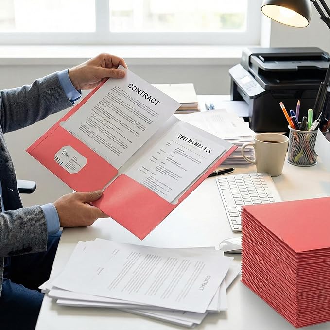 Zzrywuty File Folders with Pockets Letter Size 25-Pack Paper Folders with Card Slot,Pink Two Pocket Folders for School Students,Businessmen,Home and Office Workers