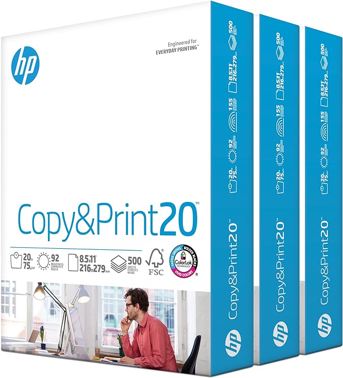 HP Papers | Printer Paper | 8.5 x 11 Paper | Copy &Print 20 lb | Case - 1,500 Sheets | 92 Bright | FSC Certified | 200090C