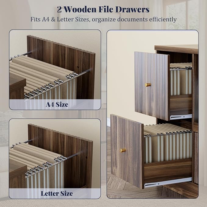 DNYN 3 Drawers Wood File Cabinet with Charging Station and Printer Stand | Vintage Fluted Lateral Filing Cabinet| For Home Office| Anti-Tipping| Fits for A4/Letter-Size Files| Pull-out Shelf