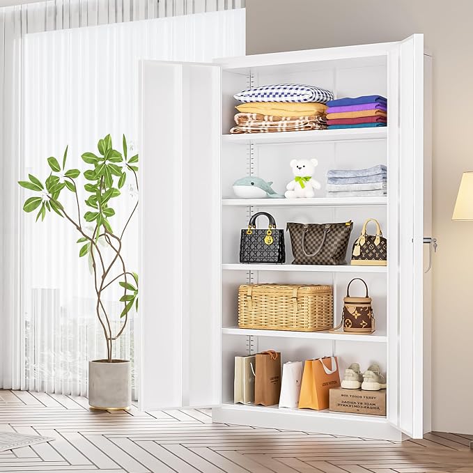 White Metal Storage Cabinet, 72" Locking Steel Cabinets with 2 Door and 4 Adjustable Shelves, Tall Metal Cabinet for Home Office, Garage, Warehouse