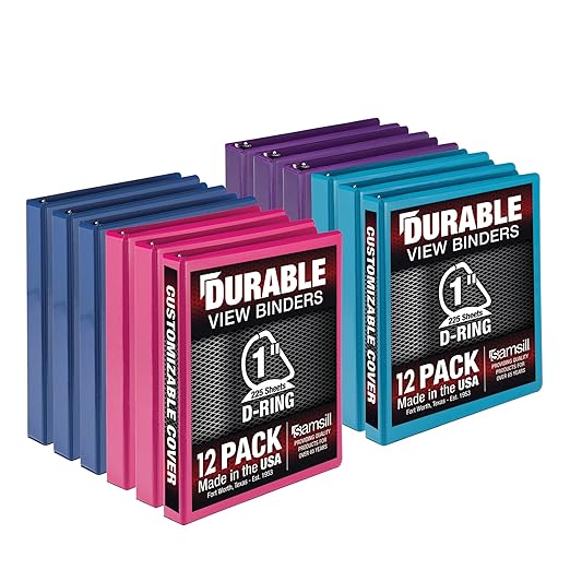 Samsill Durable 1 inch 3 Ring Binder, D Ring Binder, 100% Recycled Chipboard, Fashion Assortment, 12 Pack