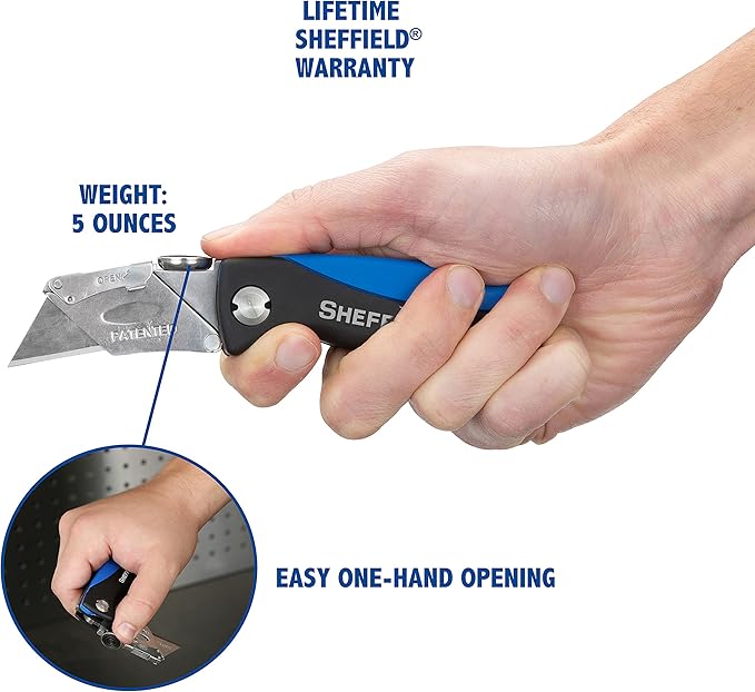 Sheffield Folding Utility Knife, Accepts Standard Utility Knife Blades, Box Cutter, Razor Blades Included, For Home, Office, Trades, and Warehouse