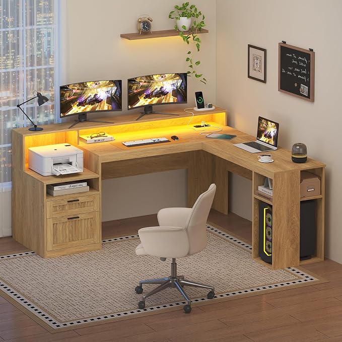 63" Fluted L Shaped Desk with Drawers & Storage Shelves for Home Office | Corner Desk with Power Outlets & LED Lights, L-Shaped Office Desks with File Drawer, Printer Shelf, Monitor Stand, Oak