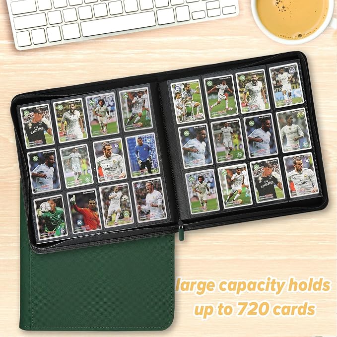 12 Pocket Ringless Side Loading Trading Card Binder, 720 Cards PU Fixed Page Zipper Card Album for TCG Sports Game Cards, Not Fit Top Loaders (Dark Green)