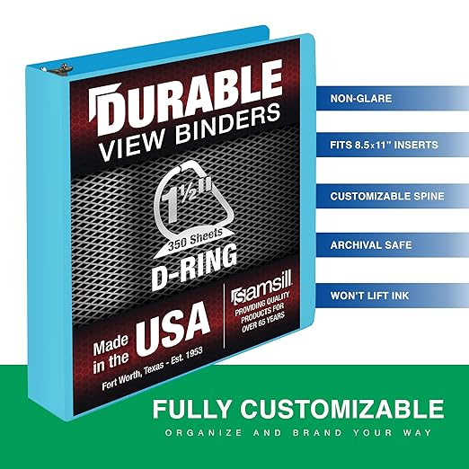 Samsill Durable 1.5 Inch Binder, D Ring Binder, Customizable Clear View Cover, Sky Blue, Holds 350 Pages