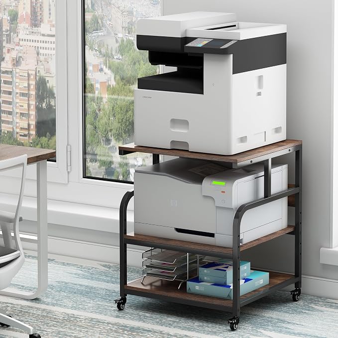 Fannova Extra Large 3D Printer Stand Table with Adjustable Storage Shelf | 25.6"x23.6"x30.9", Heavy Duty Industrial Wheels, 25mm Heavy-Gauge Steel Tube, Home Office Printer Furniture, Rustic Brown