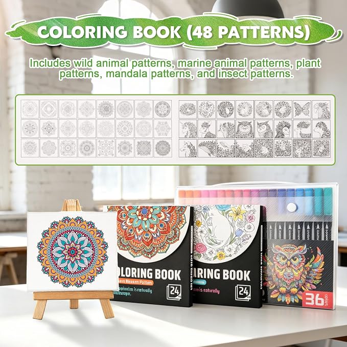 Adult Coloring Book Set with Markers, 36 Colors Makers with 2Pack Adult Coloring Books for Adults Relaxation Calming, 48 Patterns,Anxiety Relief Gifts for Women Painting,Calligraphy, Doodling Journal