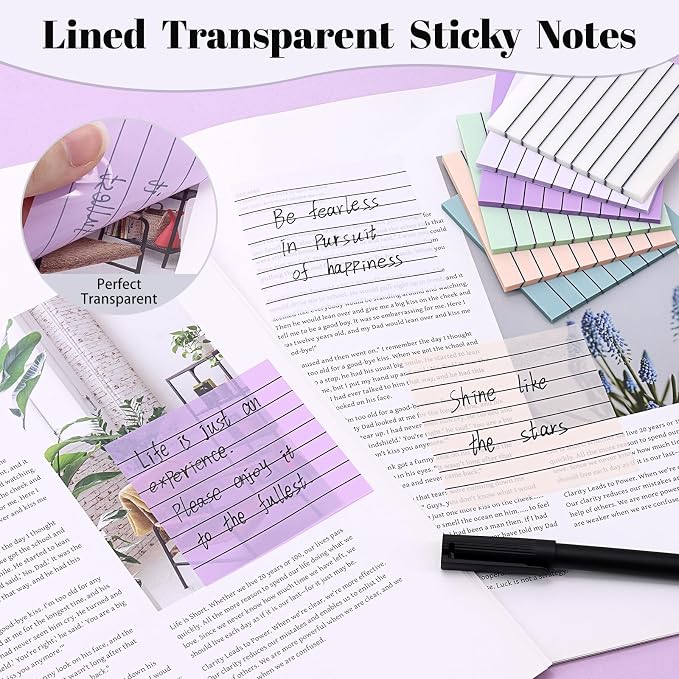 Transparent Sticky Notes Lined 300 Sheets 3"X3" Dark Morandi PET Material | Clear Translucent Self-Adhesive Sticky Notes for Back to School & Office Supplies, See Through Reveals Underlying Bible Text