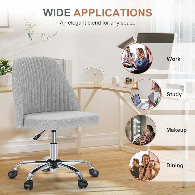DUMOS Home Office Chair, Comfy Desk Chair with Rolling Wheels | Armless Height Adjustable, Wide Seating, Vanity Swivel Task, Bedroom Student Adults, Classic Grey