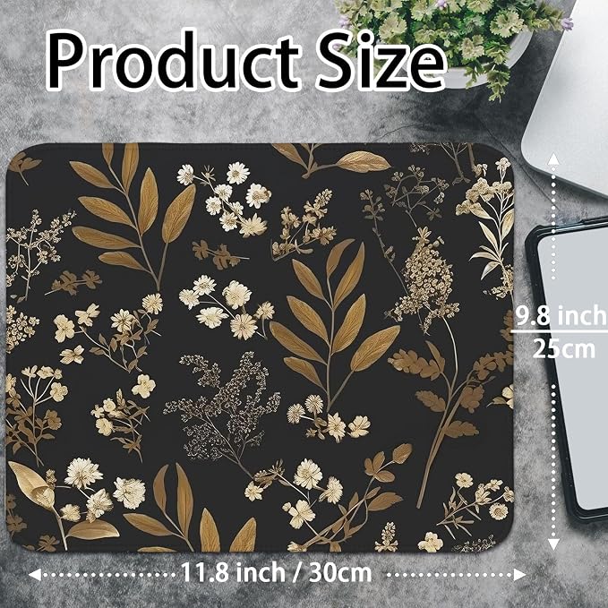 Floral Mouse Pad, Deep Balck Small Mouse Pads,Plants Mouse Pads for Laptop Desk, Flower Mousepad for Computers Aesthetic, Botanical Computer Mouse Pad Desk Mat for Women 11.8x9.8