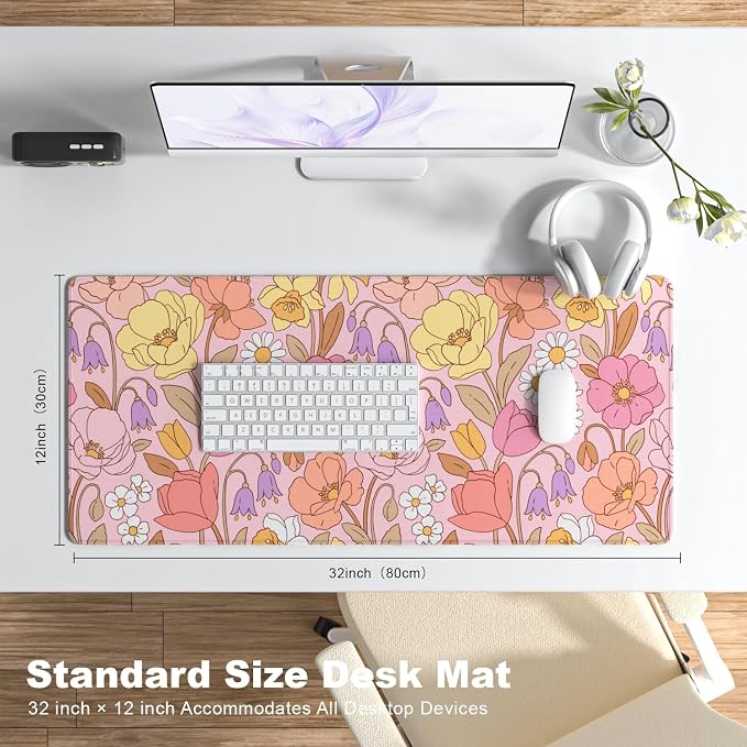 Desk Mat, Large Gaming Mouse Pad, 32" x 12", Boho Pink Tulip | Waterproof Desk Pad, Non-Slip Rubber Base, Desktop Mat with Stitched Edges, Desk Accessories for Office, Work, Home