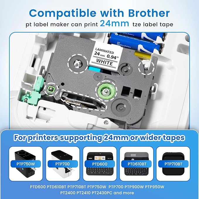 Label KINGDOM Compatible with Brother PTouch 24mm 0.94”(~1") TZe-251 TZ Tape, for PT-D610BT D600 700 P710BT PTP750W, Laminated White Label Maker Tape Tze251, 2-Pack