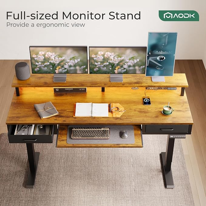 AODK 63 Inch Standing Desk with Drawers & Keyboard Tray, Rustic Brown | Power Outlet, LED Lights, Monitor Stand, Cable Management Tray, 3 Memory Heights, 29.9"-46.1" in Range