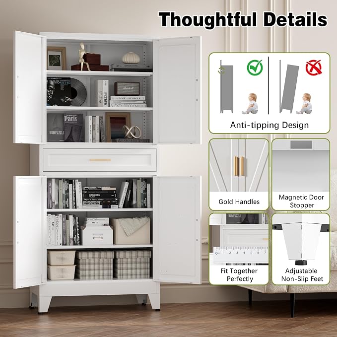 COFaR 71" Tall Kitchen Pantry, Farmhouse Storage Cabinet with Doors and Shelves, Metal Cabinet with Drawers and Legs, for Cupboard/Dining Room/Bathroom/Living Room/Office/Laundry Room (White).