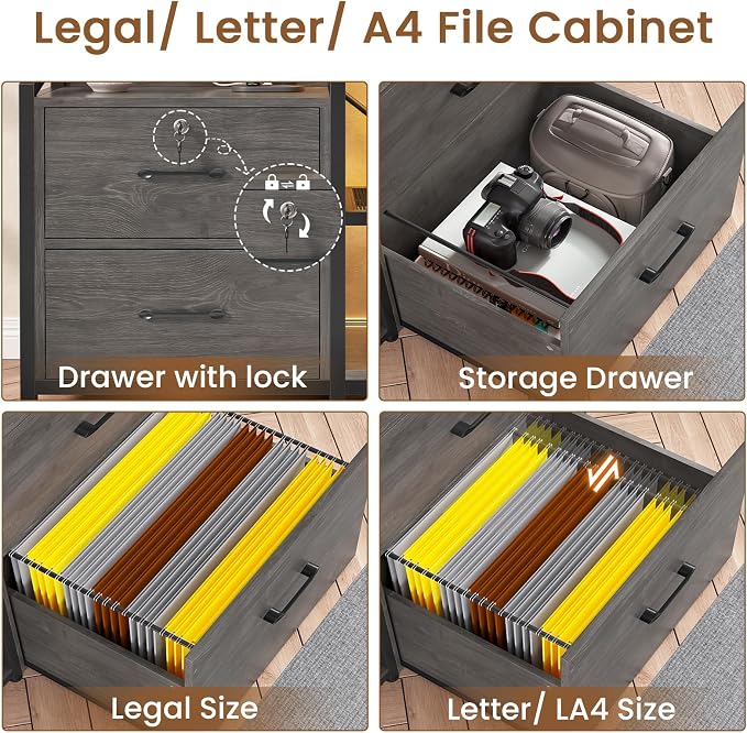 SEDETA 2 Drawer File Cabinet, Filing Cabinet fits Letter Legal, A4 Size, File Cabinets for Home Office with Lock, Power Strip, LED Lights and Open Shelf, Grey