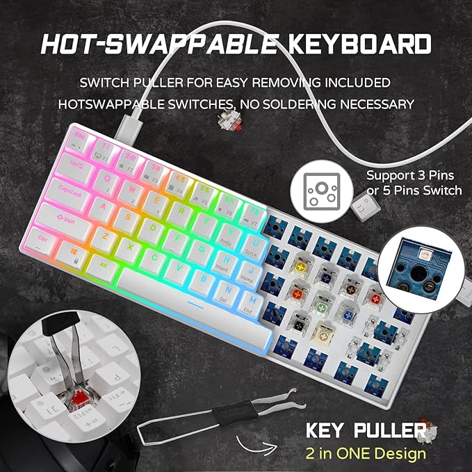 RK ROYAL KLUDGE RK61 Wired 60% Mechanical Gaming Keyboard Programmable QMK/VIA RGB Backlit 61 Keys Ultra-Compact Hot Swappable Brown Switch White