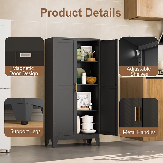 PAOFIN Metal Kitchen Pantry Storage Cabinet with 2 Doors and 3 Adjustable Shelves,Pantry Cabinet with Adjustable Leveling Foot for Kitchen, Living Room, Dining Room（Black）