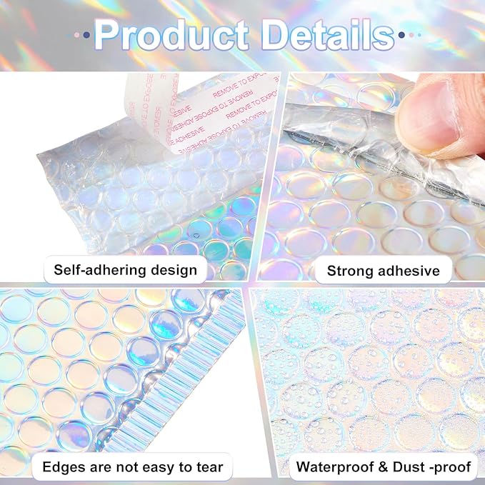 Henoyso 60 Pcs 6 x 9.5 Inch Holographic Bubble Mailers Metallic Bubble Envelopes Usable Size 5.12" x 7.87" Waterproof Self Seal Shipping Bags for Makeup Jewelry Small Business Packaging, Rainbow Color