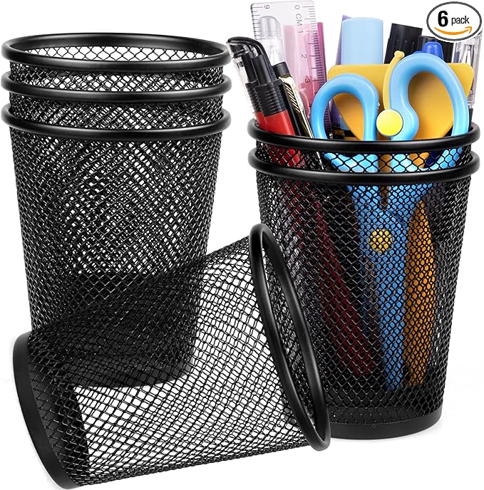 QYH Mesh Pencil Holder Metal Pen Cup Black for Desk 6 Packs, Office Caddy Storage
