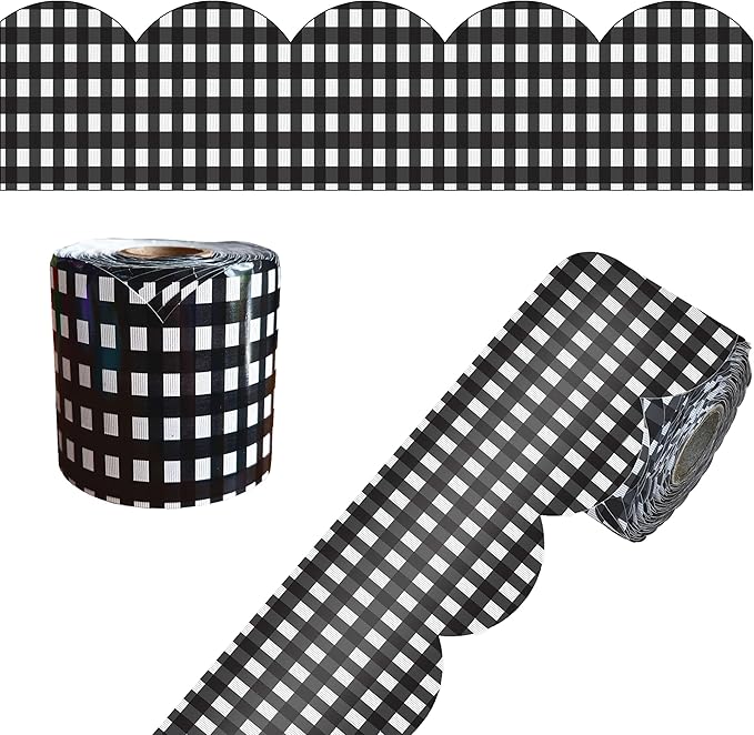 Carson Dellosa Farmhouse 65Ft of Black and White Gingham Bulletin Board Borders, 1 Roll of Scalloped Trim for Rolling Whiteboard, Cork and Posterboard, Party, Office Decorations, and Classroom Decor