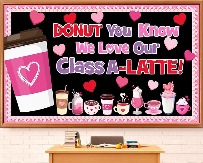 Valentine's Day Latte Bulletin Board Set Coffee Theme Classroom Decoration Valentines Coffee Cup Heart Motivational Paper Cutouts for School Classroom Party Chalkboard Wall Decor Teacher Supplies