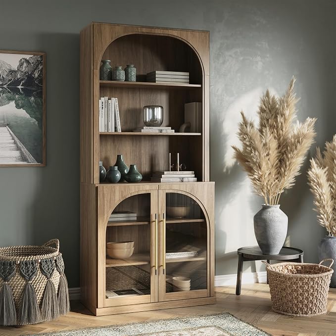 BELLEZE 72" Tall Modern Wood 6-Tier Shelf Storage with Sturdy Aluminum Handle, Glass Display Curio Cabinet, Bookshelf Bookcase for Office, Living Room, Camel