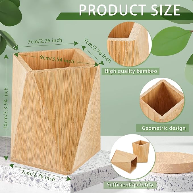 2 Pcs Bamboo Wood Pen Pencil Holder Geometric Pencil Cup Stand Makeup Organizer for Pen Holder Desk Home Office Adults(Bamboo)
