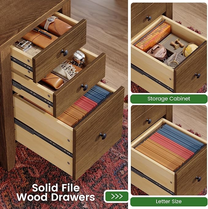 SEDETA Solid Pine Wood Computer Desk, 58'' Executive Home Office Desk with 4 Wood Drawers and Storage Shelves for Work Study Writing, Brown