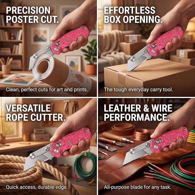 Folding Utility Knife, Pocket Knife, Box cutter Knife with Pocket & Rail Lock, Durable Razor Knife for Home Office Warehouse Everyday Carry, Gift for Men Women（Pink Donuts）