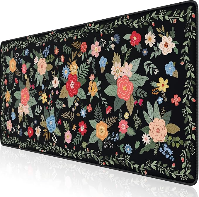 iCasso Desk Mat for Keyboard and Mouse,Cute Mouse Pad,Black Floral | Anti-Slip Desk Matt for Desktop,Soft Lycra Surface Computer Mat Women,Girly Big Mousepad for Home Office