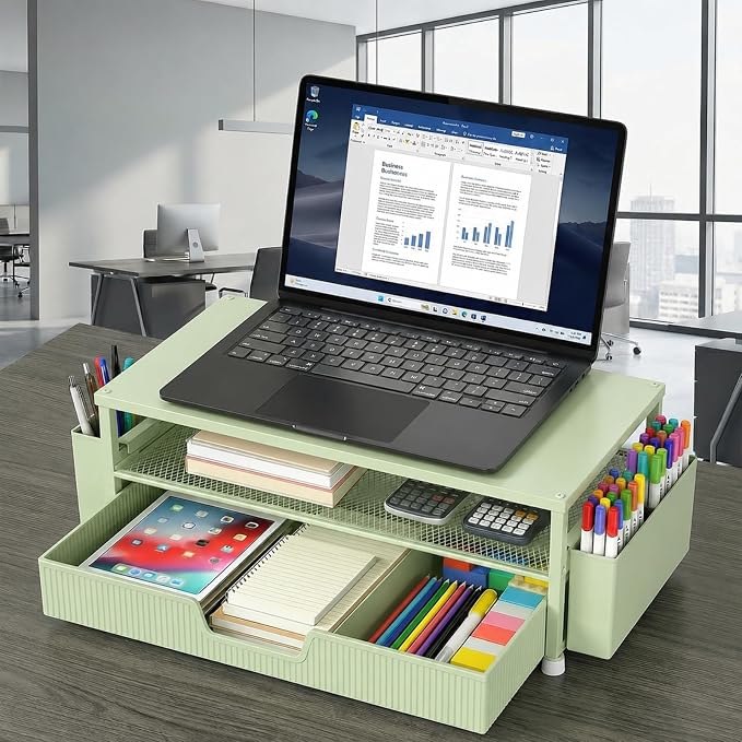 ECOLOVI Desk Organizer and Accessories, 2-Tier Computer Monitor Stand Rise with Storage Drawer & 2 Pen Holders, Laptop & Printer Stand for Desktop, Workspace Organizers for Office Supplies (Sage Green)